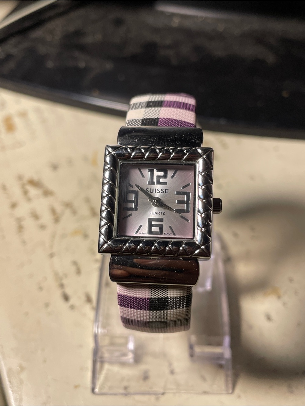 Pink Plaid Women's Quartz Watch with Silver Case